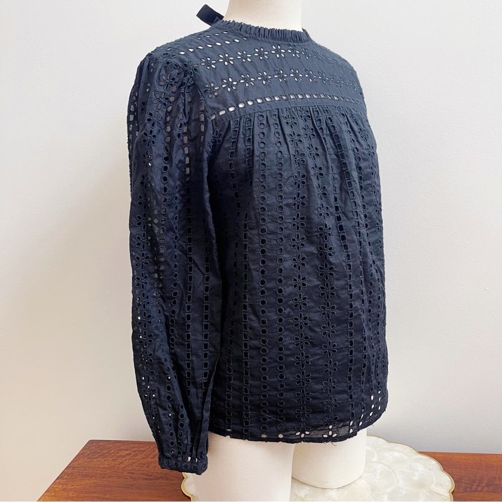 JCrew Black Eyelet Ribbon Tie Long Sleeve Cotton Blouse XS - Picture 8 of 12